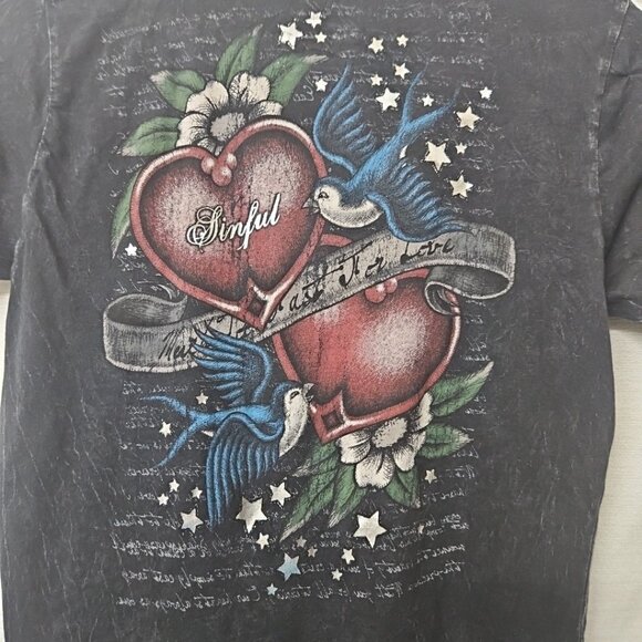 Womens Sz Med Sinful By Affliction Y2K Black Distressed Tshirt Birds celestial - Picture 4 of 5